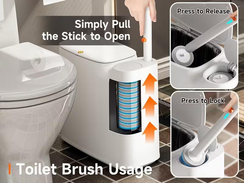 2-in-1 Trash Can with Toilet Brush and 72 disposable Brush Heads|Full White Rectangular Modern Bathroom Narrow Seam Trash Can with Push-On Lid, I