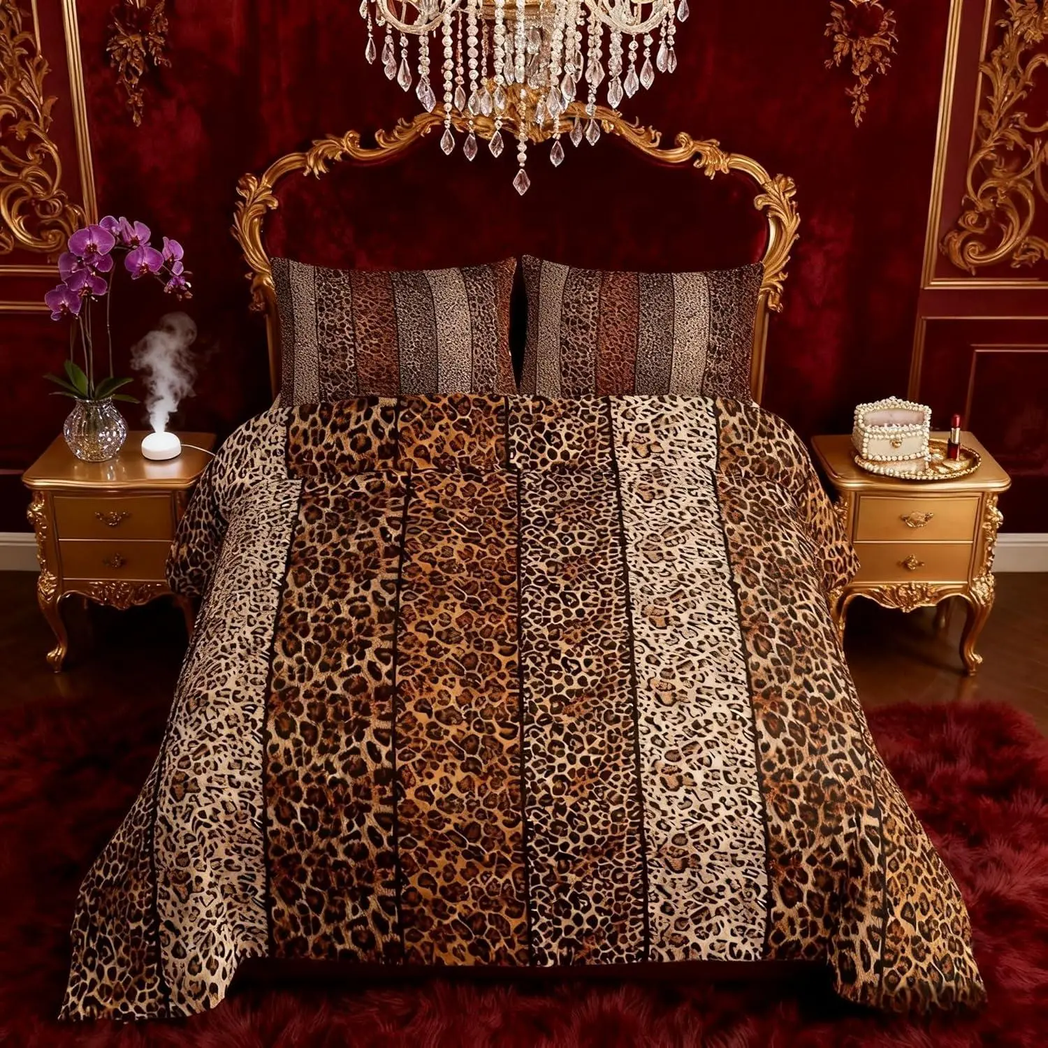 Feelyou Queen Comforter Set - Leopard Print, 3D Cheetah Texture Rustic Bedding,  ' Room Decor, Geometric Patchwork Fashion Down Duvet Insert, Brown Retro Style