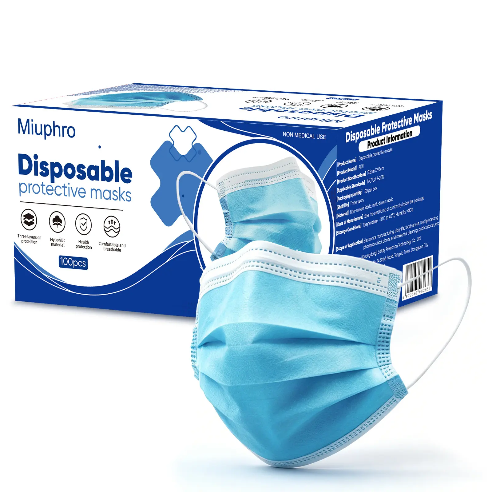 Miuphro Disposable Protective Masks - 100/200pcs Non-Medical Use - Blue Color - Ideal for Daily Protection