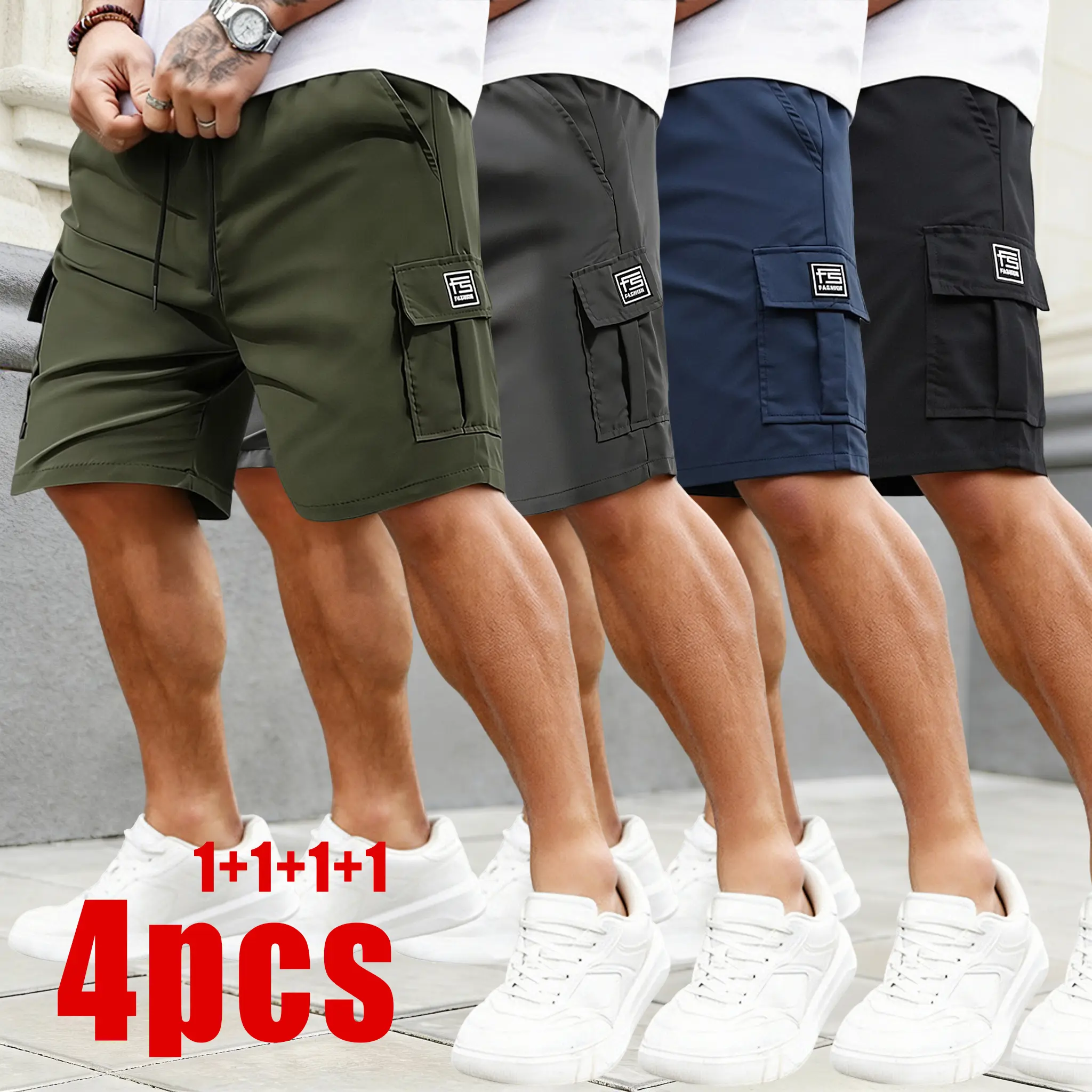 Men’s 4-Pack Cargo Shorts - Multi-Pocket Utility Tactical Shorts with Elastic Drawstring Waist & Lightweight Breathable Fabric | Quick-Dry Summer Shorts for Workouts, Hiking, Beach, Street Style & Everyday Wear, Men’s Shorts, Athleisure Shorts, Side Pocke