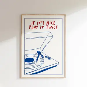 Music Wall Art Play It Twice Record Player Poster, Retro Groovy Print Gift Music Lover Home Vintage Exhibition French Poster