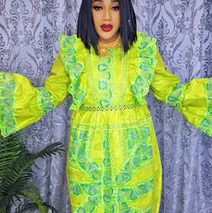 lime green bazin dress Embroidered Elegant African style for women 3pcs sets comes with wrap and head wrap