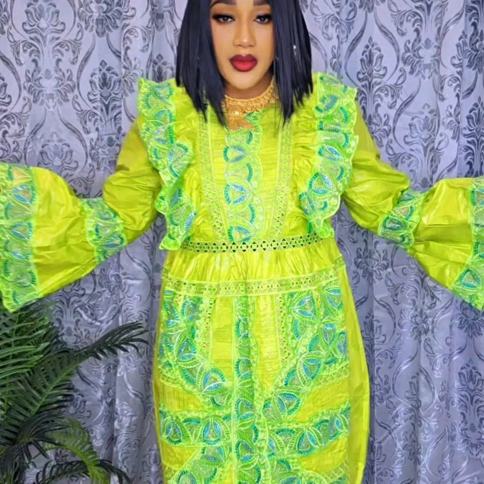 lime green bazin dress Embroidered Elegant African style for women 3pcs  sets comes with wrap and head wrap - TikTok Shop