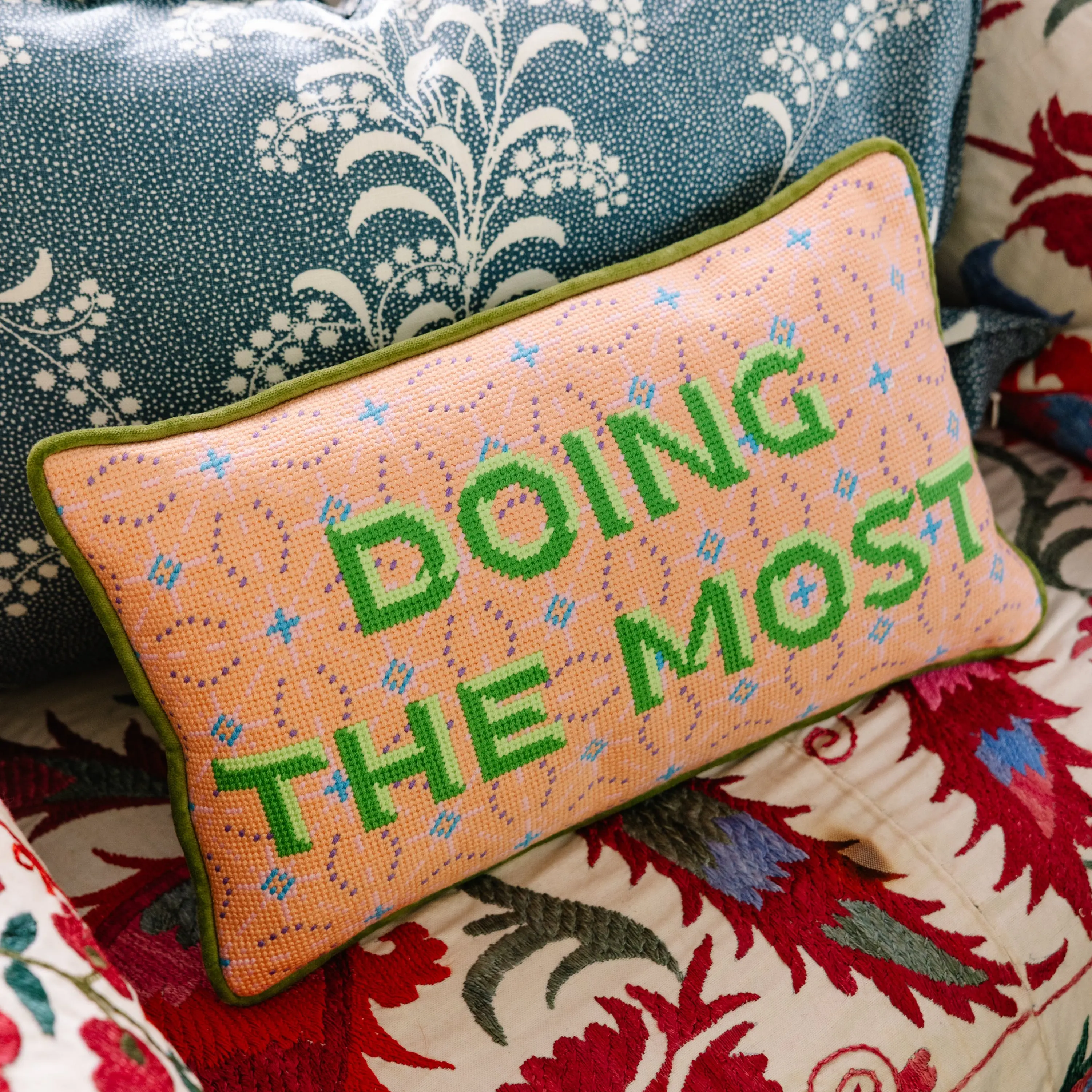 Embroidered Needlepoint Pillow - Whimsical Southern Craft Room Decor for Overachievers with Vibrant Prints