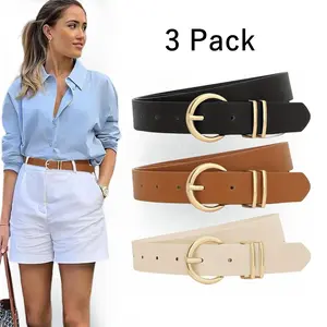 Women's Belts 3 Pack for Jeans Dresses Pants M Size 43.3inch PU Leather Bucklebelt Black Brown Beige Casual Work Wear Fashionable youthful style