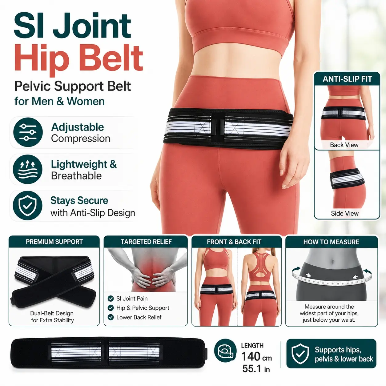 Sacroiliac SI Joint Hip Belt, Lower Back Support Brace for Men and Women,Pelvic Support Belt Sciatic, Lower Back, Si Joint, Pelvic pain Relief Regular，justable Lumbar Brace for Pelvic Stability, Widened Design, Adjustable Back Brace