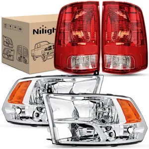Nlilght Headlight and Taillight Assembly Combo Compatible with 2009 2010 2011 2012 2013 2014 2015 2016 2017 2018 Dodge Ram for Quad Models Chrome Housing Amber Reflector with Red Housing Tail Light