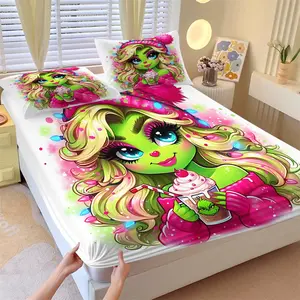 3Pcs Whimsical Cartoon Style Fitted Sheet Set, Green-Skinned Character with Pink Highlights & Fairy Light Beanie, Fun & Festive Bedding for Vibrant Holiday Decor, Perfect Gift for Cozy Nights, No Pillow Core