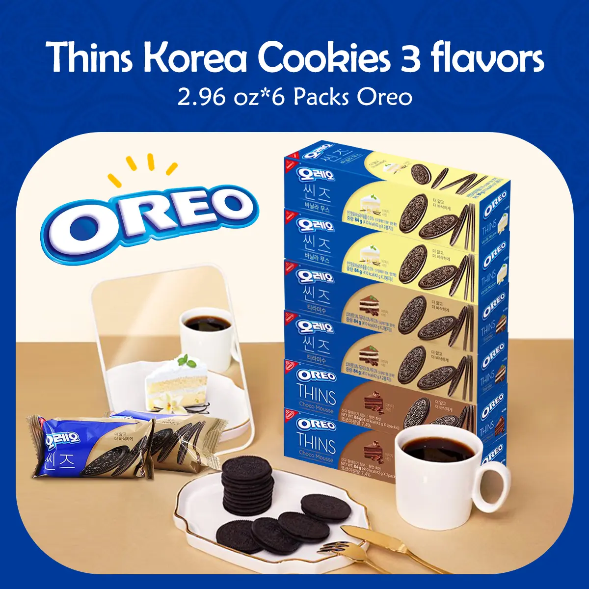 Oreo Korea 2.96 oz* 6packs Oreo Thins Korea Cookies - Thins Chocolate Mousse / Tiramisu /Vanilla Mousse Sandwich 3 flavors Oreo Korea 2.96 oz* 6packs Oreo Thins Korea Cookies - Thins Chocolate Mousse / Tiramisu /Vanilla Mousse Sandwich 3 flavors