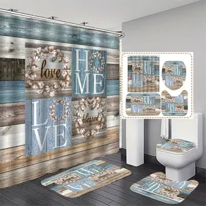Floral & Love Home Pattern Bathroom Set, 4 Counts/set Including Shower Curtain (with 12 Curtain Hooks), Toilet Lid Cover, Rectangular Mat, U-shaped Mat
