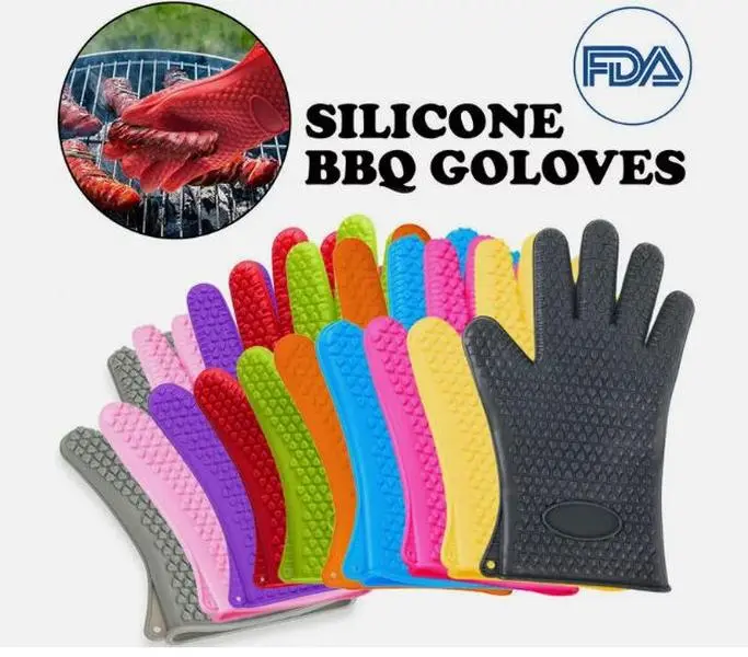 Silicone BBQ Pair Heat Resistant Gloves Oven Grill Pot Holder Kitchen Cooking Mitts Set Bakeware Water Proof Dish