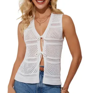 Grace Karin Women's Summer Tank Top Crochet KnitSweater Vest V Neck Sleeveless Open Tie Front Crop Tops