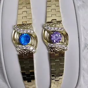 # 0199 Bracelete Style Watch with Diamantado Gold Plated 14k High Quality Size #6 Featuring Blue and Purple Stones