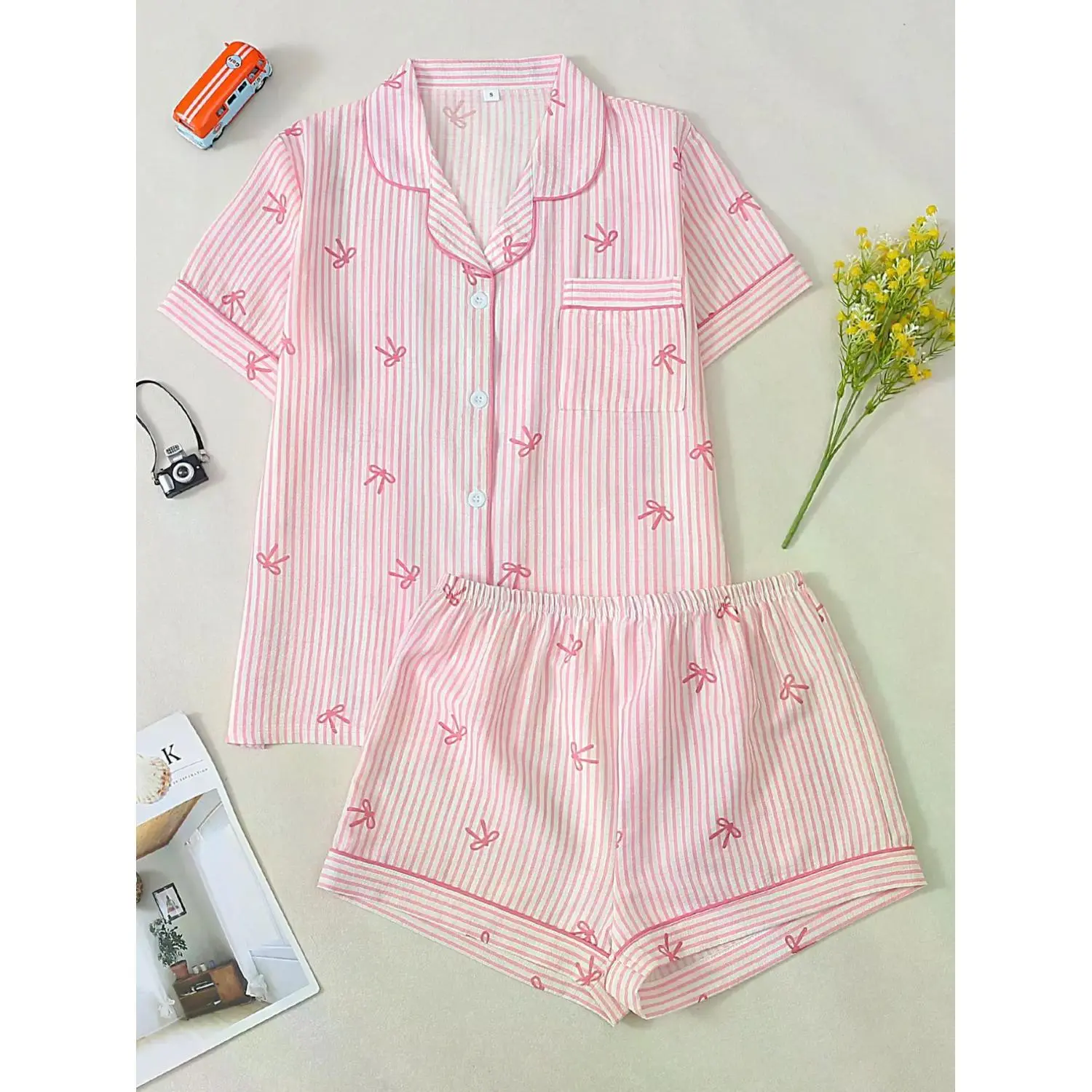 Women's Striped Pajama Set - Cute Two-Piece Button-Front Short Sleeve Top and Shorts, Comfortable Casual Loungewear & Party Sleepwear