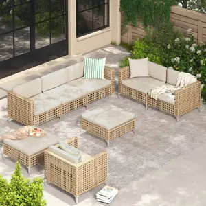 8 Pieces Outdoor Patio Furniture Set, Wicker Boho Outdoor Sofa Set with Water Resistant Thick Cushions and Coffee Table