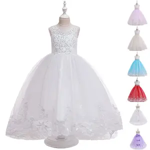 231 Lilac Kids Clothes Embroidered Bow Princess Long Gown Children Formal Graduation Party Prom Dress White Flower Girls 3-14Y