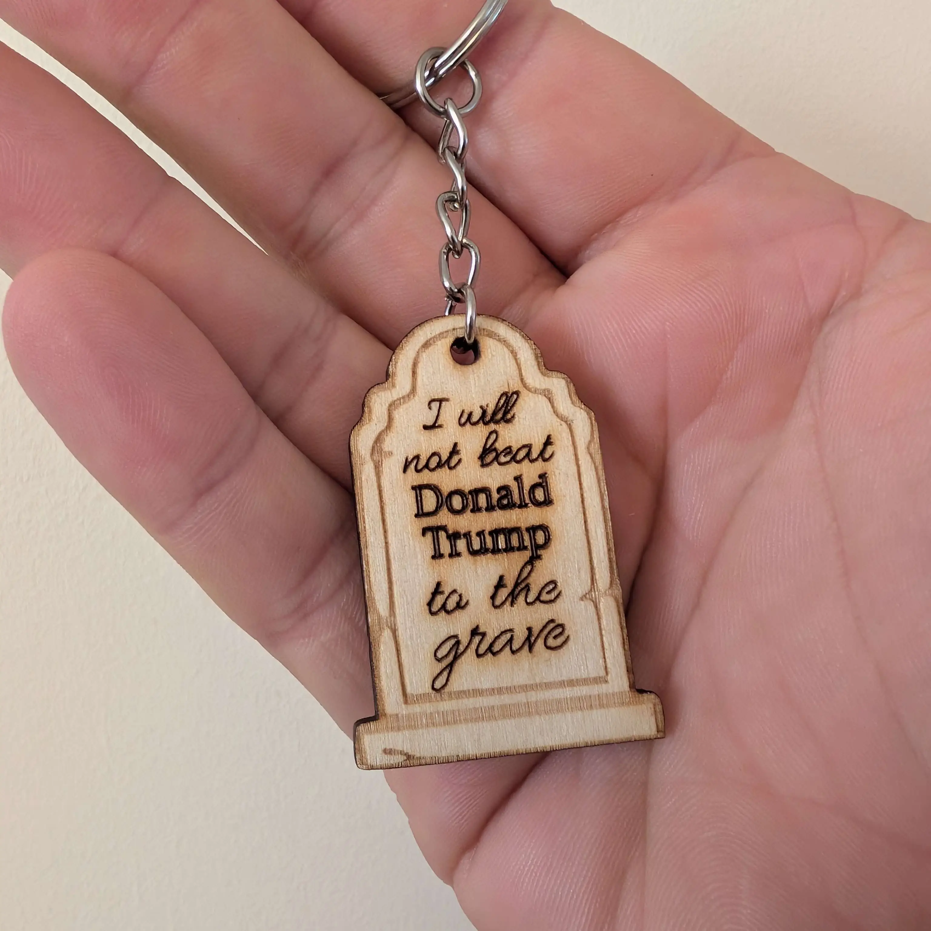 "I Will Not Beat Them to the Grave" Birch Wood Keychain with Split Ring Engraved Dark Humor Tombstone Design for Suicide Prevention