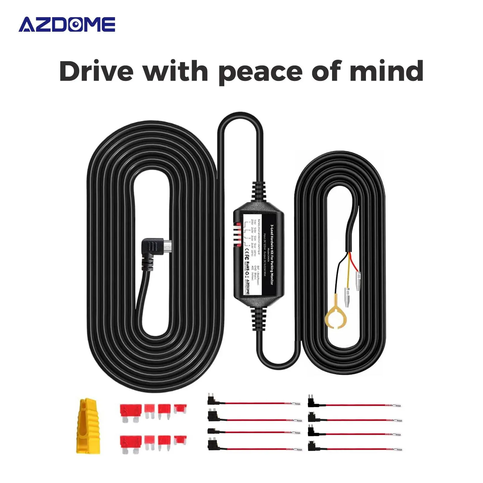 AZDOME 3-Lead ACC Hardwire Kit with Type-C USB Port, 12ft Cable for M550 M01Pro PG17 GS63HPro Dashcam for Cars, Car Camera Fuse Kit, 24H Parking Monitor, 12V-24V to 5V/2.5A Max Conversion, Low Voltage Protection