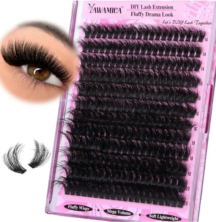 Yawamica Fluffy Lash Clusters Thick 200D Volume Eyelash Clusters 14-20mm Wispy Individual Lashes D Curl Cluster Eyelash Extensions 240pcs DIY Lash Extension for Beginners