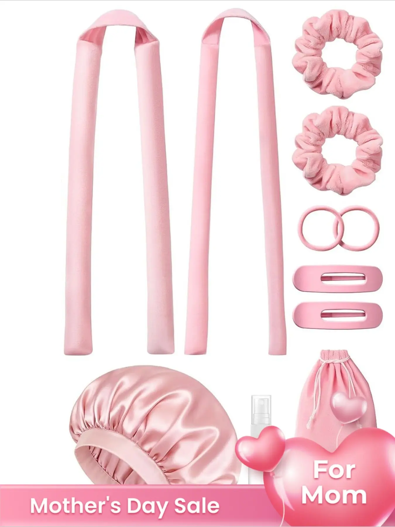 No-Heat Overnight Curler, 11-Piece Curler Set, Includes a Sleep Cap, No-Heat Curling Set with Hair Ties and Clips, Suitable for Long and Medium-Length Hair, Creates Damage-Free Curls and Waves, Complete Set