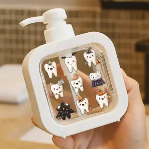Cute 3x3 Halloween Cartoon Teeth Design Moisturizing Soap Pump Bottle, Soap Dispenser, Perfect for Kitchen Sink and Bathroom Decor, Each Tooth in Unique Witch/Ghost/Pumpkin Costumes with Broom, Bat Ears, Spider Web Decor