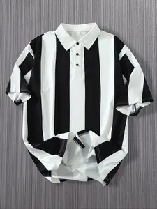 Oversize Striped Polo Shirt, Vintage High Street Style, Loose Short Sleeve, Casual Summer Top, Fitted, Spring & Fall, Menswear
