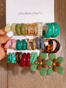 Vintage Boho Resin C-Shaped Earrings Set, Fashionable Flower Studs, All Seasons Accessory, No Plated Precious Metal, 15 Pairs