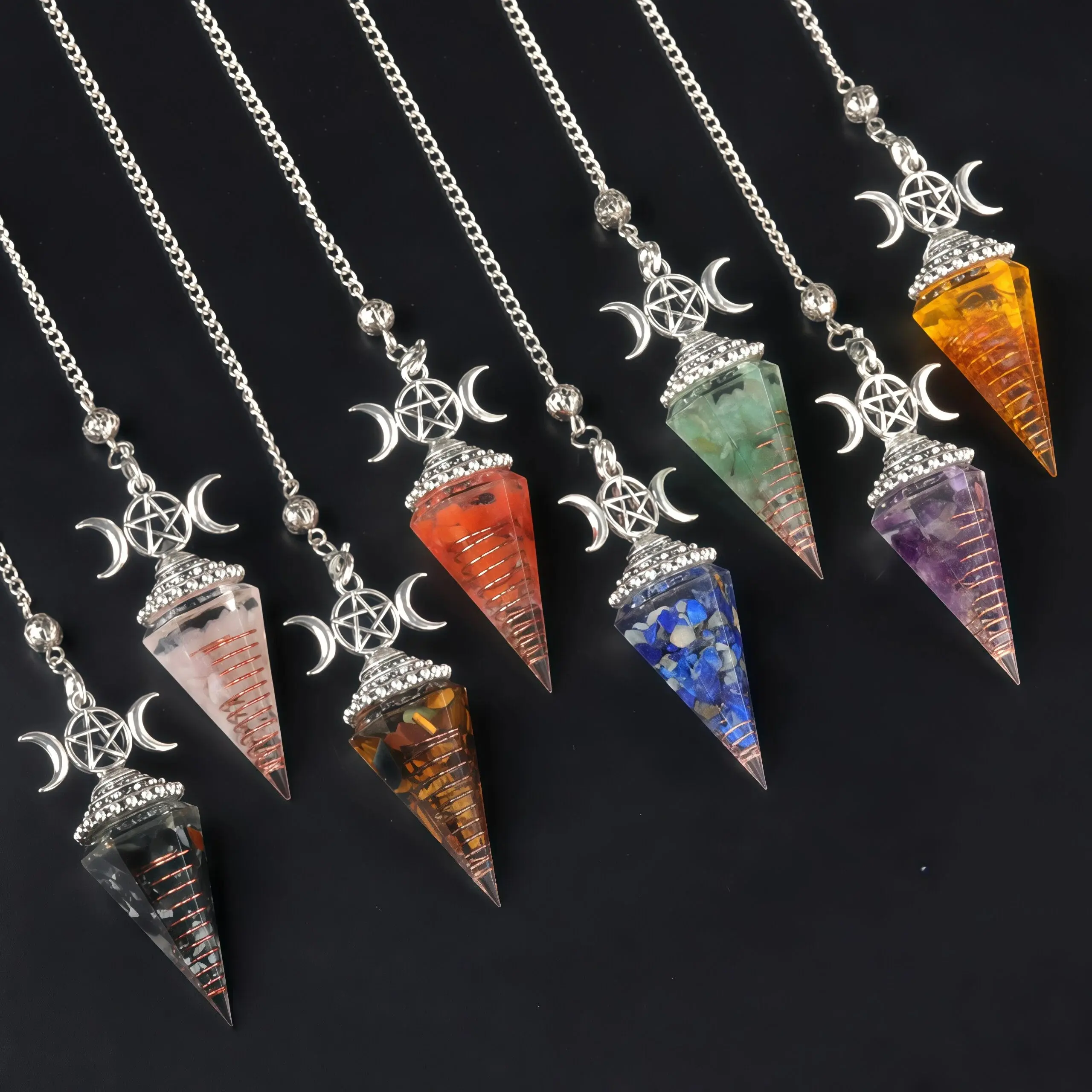 Triple Moon Chakra Orgone Pendulum Pendants Jewelry - Mixed Stones Chip Resin Hexagonal Cone Shape Pendant, Adjustable Silver Chain, for Spiritual Practitioners' Witchcraft & Chakra Healing, 14g, 24×54mm, 30cm Adults' Divination Tool (1 per Pack)