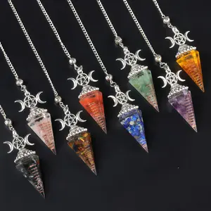 Triple Moon Chakra Orgone Pendulum Natural Crystal Chip Resin Hexagonal Cone Dowsing Divination Pendant