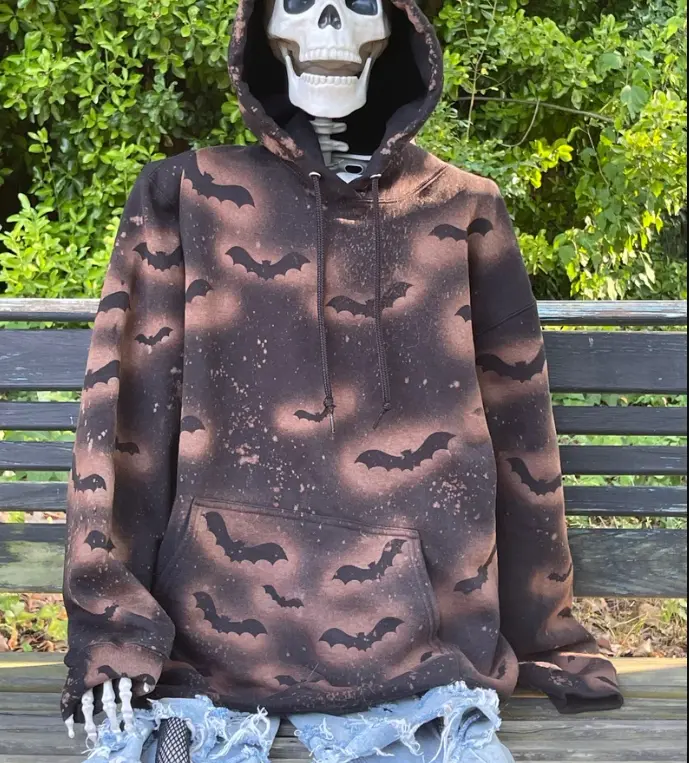 Halloween hoodie / Black bleached hoodie / Bat lover gift bleached dye hoodie / acid wash hoodie/ bleached sweatshirt Halloween