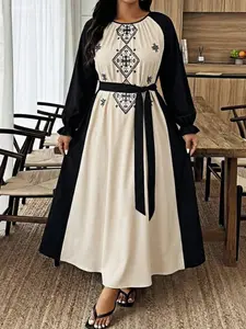 Plus Size Women's Elegant Chic Long Sleeve Round Neck Colorblock Dress, Casual Elegant Dresses, Casual Wear, Comfortable Waist Belt Design, Perfect for Vacation, Travel, Daily Wear