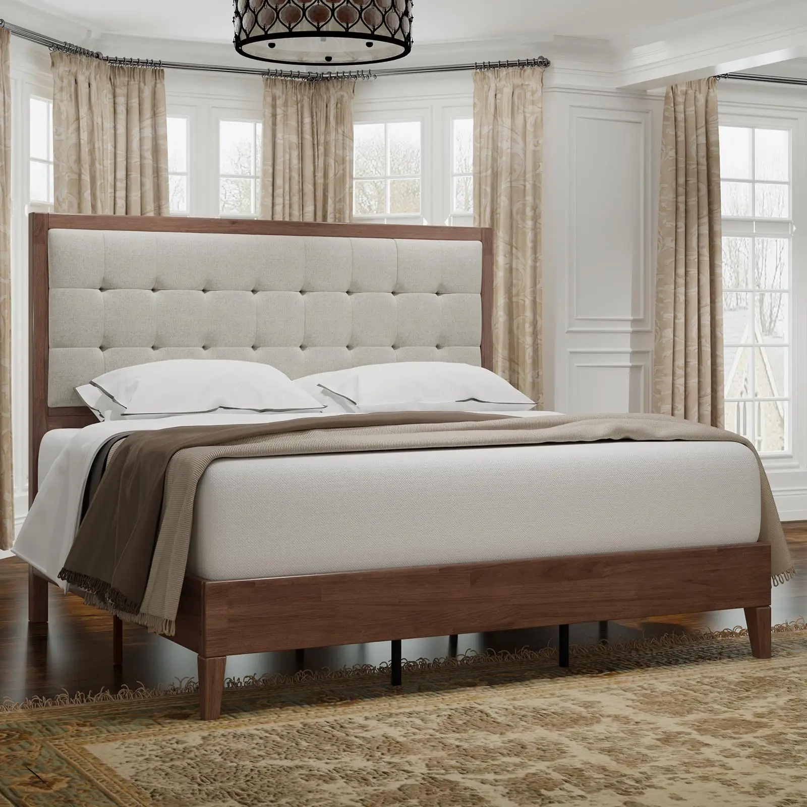 [TikTokShopfalldealsforyou] AMERLIFE Solid Wood Platform Bed Frame with Upholstered Tufted Headboard/Solid Wood Foundation, Pull-spot Tufted Handcraft