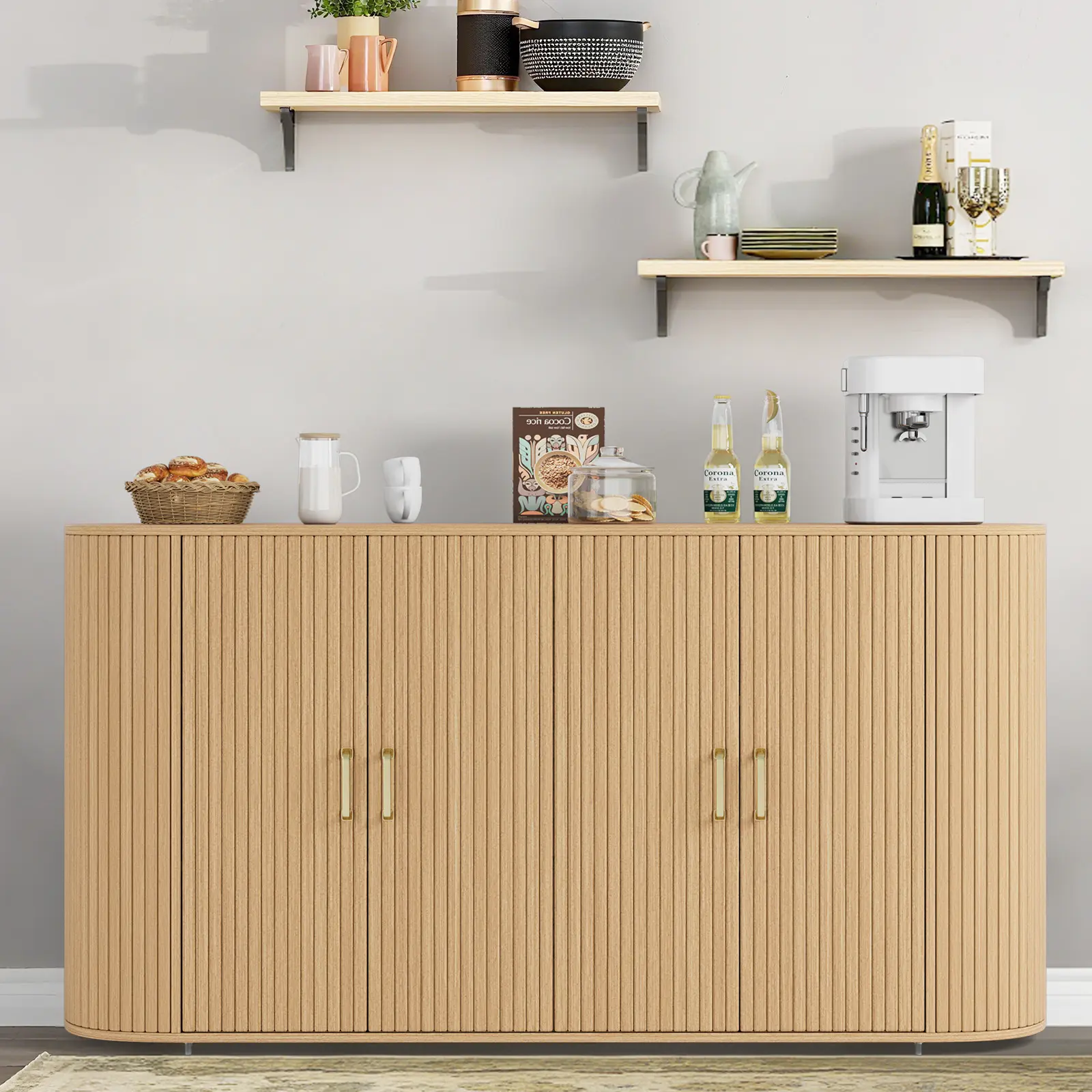 63"w × 15.7"d × 32.9"h Sturdy Modern Fluted Buffet Sideboard Cabinet, Curved Wood Credenza with 4 Fold Doors, Adjustable Shelves & Spacious Storage, Assembly Required for Living Room, Kitchen, Dining Room