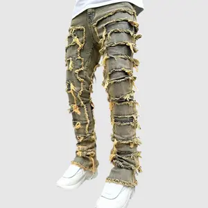 Men's High Cotton Y2K Vintage Brown Stacked Flare Jeans, Retro Extreme Distressed Frayed Patchwork Denim Pants, Grunge Streetwear Punk Trousers for Men