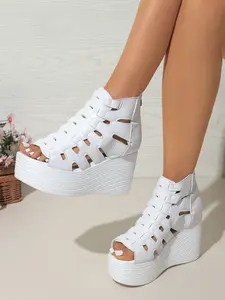 Women's Roman Sandals Summer New Style Thick Sole 9cm Height Increase Hollow Fish Mouth Unique Open Design High-Top Platform Back Zipper Wedge Shoes