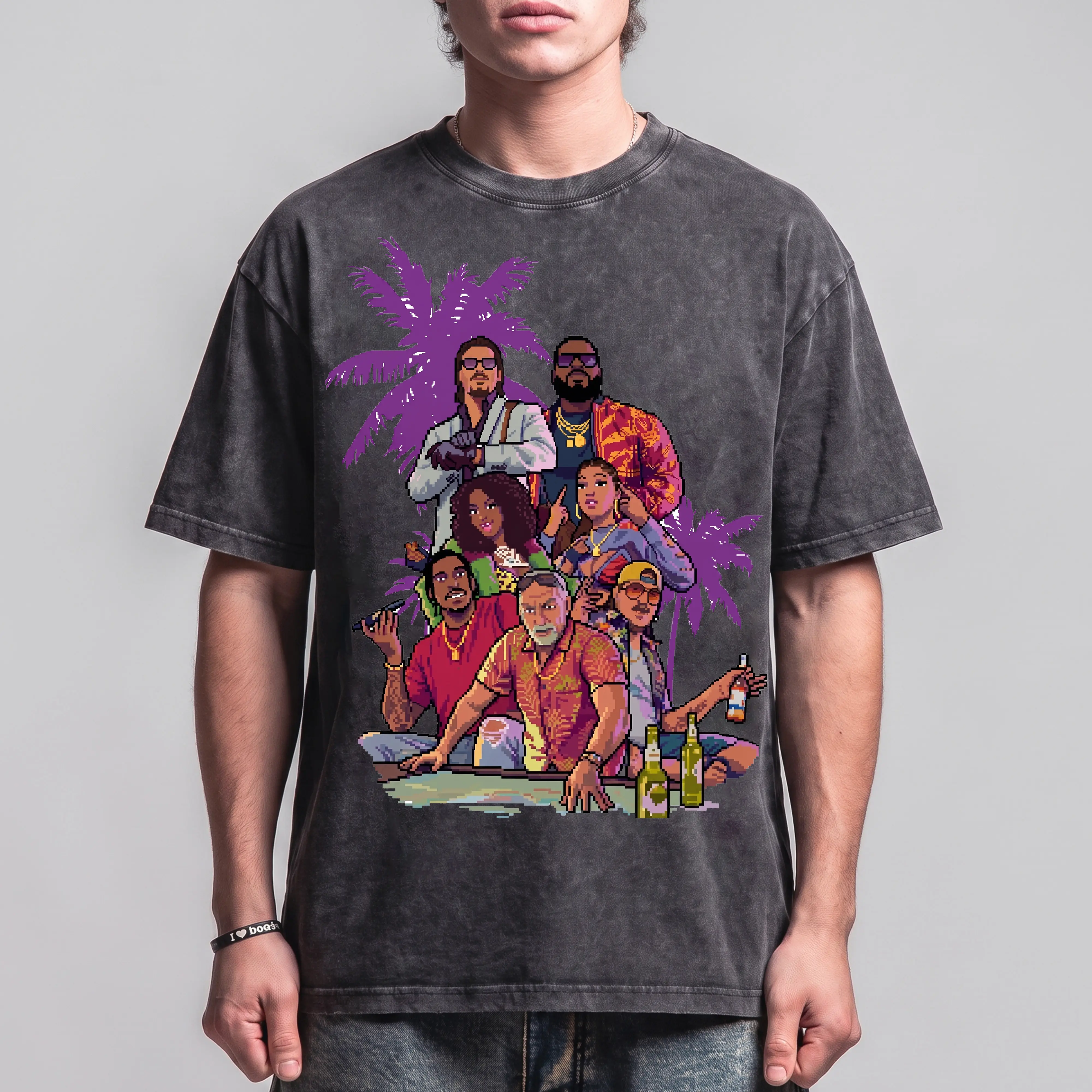 Vintage Washed GTA6 Vice City Crew Palm Beach Graphic T Shirt, Heavyweight100%Cotton Oversized Tee for Men and Women Unisex, Gothic Grunge Y2K Emo Streetwear Clothes Casual Daily Wear Summer Outfits Shirts