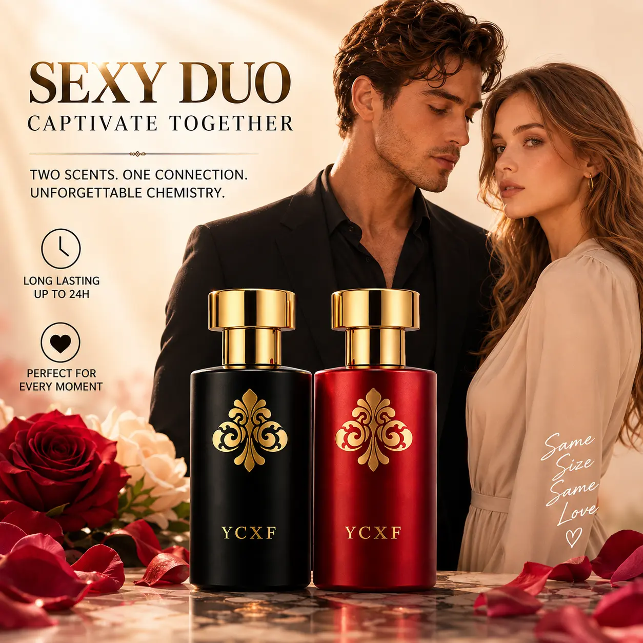 YCXF lovers' perfume - men and women's fragrance, lasting fragrance. Combining jasmine, amber, vanilla, and caramel notes, it combines floral, fruity, and culinary characteristics. Suitable for couples' dates and holiday gifts. 50ml per bottle