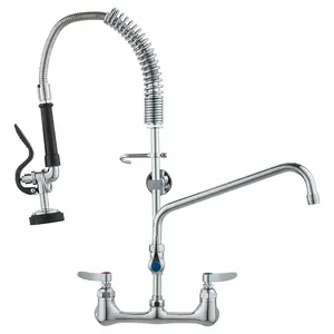 VEVOR Wall-Mounted Kitchen Faucet, 25" Tall, 8" Center Distance, 12" Rotatable Spout, Includes Pre-Rinse Spray, Brass Build, Pull-Down Feature, Suitable for Multi-Compartment Sinks