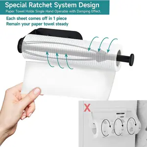 One-Handed Tear Paper Towel Holder with Damping, Under Cabinet No Drilling Self Adhesive Black Stainless Steel Kitchen Paper Roll Rack, Wall Mount Paper Towel Holder for Kitchen, Fits Paper Towel & Plastic Wrap