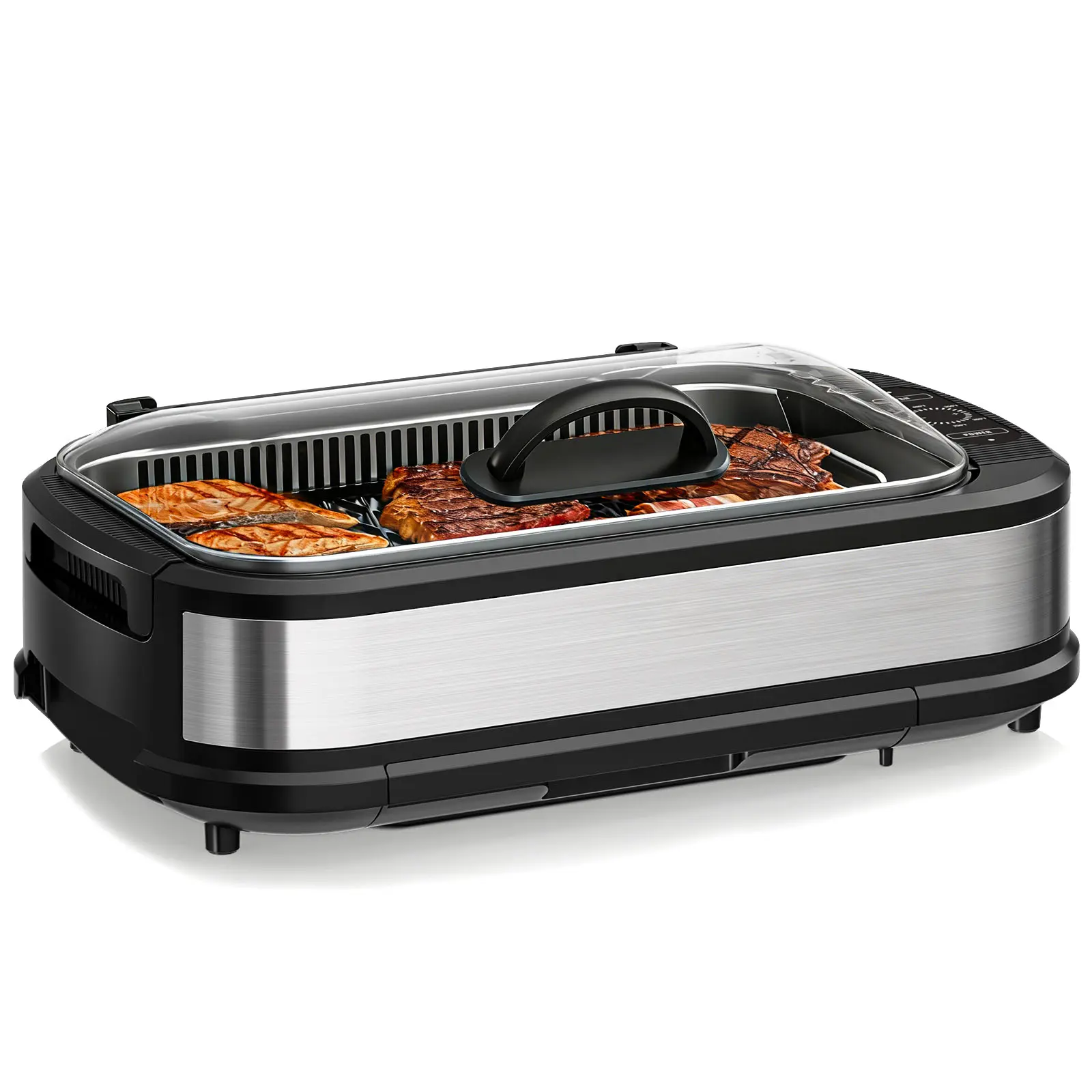 Electactic Corded Rectangular Smokeless Grill, Indoor Electric Grill with Touch Control Panel, 6 Temp Settings, Removable Dishwasher-Safe Parts, Built-In Fan & Auto Shut-Off, Black Home Grilling Appliance