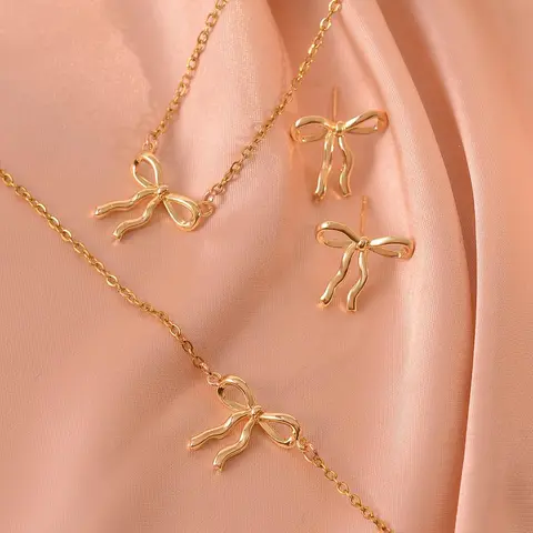 4-piece Copper Irregular Bow Design Exquisite Cute Jewelry Women's Fashion Trendy Jewelry Set, Necklaces, Fashionable Jewelry Set