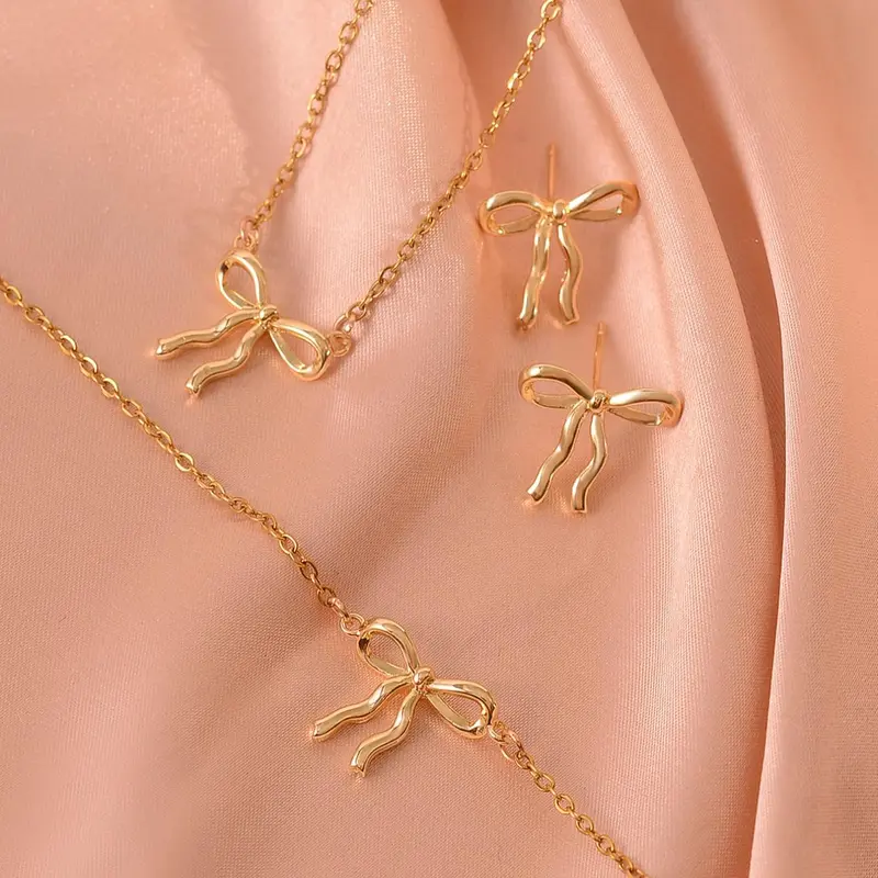 4-piece Copper Irregular Bow Design Exquisite Cute Jewelry Women's Fashion Trendy Jewelry Set, Necklaces, Fashionable Jewelry Set