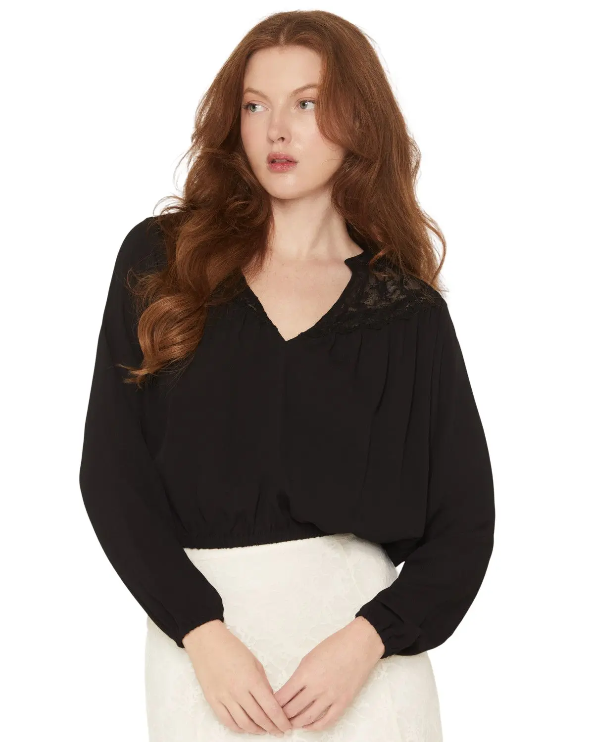 Idyllwind Women's Women'S Wren Lace Trim Long Sleeve Georgette Top - Iwsp26w1-Blk