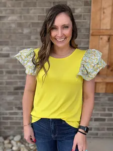 Yellow Short Sleeve Top w/ Flutter Floral Print Sleeve Detail