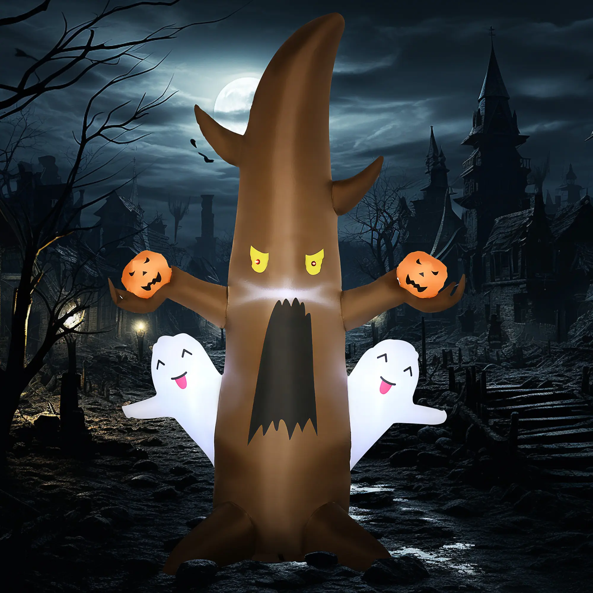 Cute Ghost Tree Halloween Inflatable with LED Lights 39.25" W x 31.5" D x 59" H Waterproof Polyester Cloth for Indoor Outdoor Use 844-549V80MX