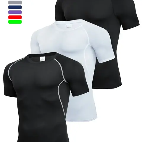 Men's Contrast Binding Round Neck Compression Sports Tee, Quick Drying Breathable Crew Neck Short Sleeve T-shirt for Running Gym Workout Tops, Casual Sporty Top for All Seasons, Activewear
