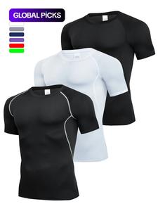 men's contrast binding round neck compression sports tee, quick drying breathable crew neck short sleeve t-shirt for running gym workout, casual sporty top for all seasons, activewear, sports clothing
