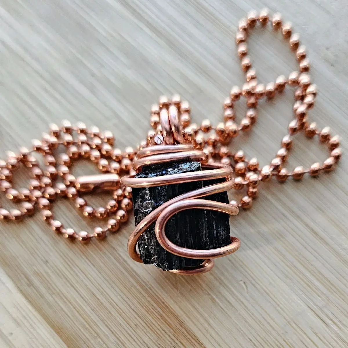 2.4mm Ball Chain Raw Black Tourmaline Crystal Pendant Necklaces 24 Inches, Thick 14 Gauge Copper Wire Wrapped Jewelry - Grounding, Protective, Balancing  [Made-to-Order]
