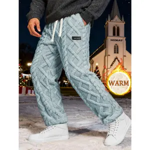 Men's Winter -Lined Thick Textured Jacquard Sports Pants with Elastic Waistband and Drawstring, Pocket Design, Straight-Leg Trousers for Casual Daily Wear, Dating, and Outdoor Activities, Ideal Christmas Gift for Men