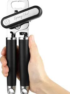 Spring Chef Heavy Duty Stainless Steel Can Opener | Manual Smooth Edge Hand Opener with Soft Grip & Magnetic Lid Lifter | Ergonomic Easy Turn for Seniors & Arthritis - Black
